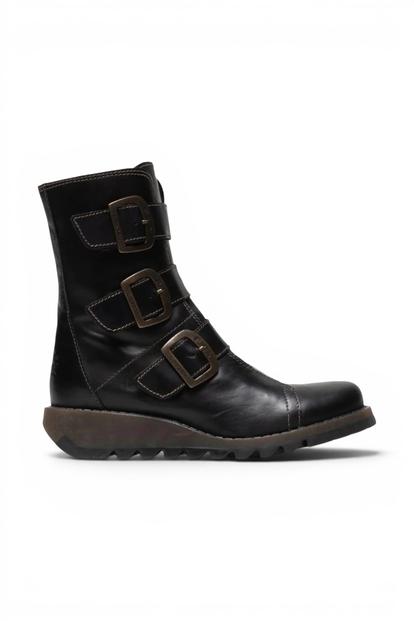 Black Womens Leather Ankle Biker Boots-Scop110