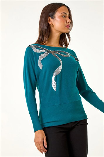 Sequin Bow Slash Neck Jumper 16161791