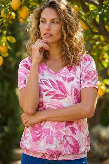 Pink Floral Print Burnout V-Neck Top