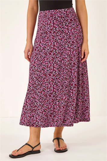 Pink Ditsy Floral Print Stretch Midi Skirt