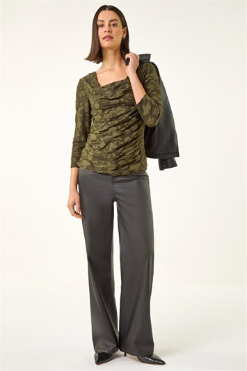 Green Cowl Neck Jacquard Stretch Top