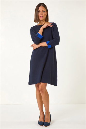 Blue Contrast Sleeve Knitted Shift Dress