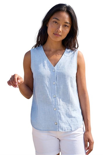 Blue Petite Buttoned Sleeveless Blouse