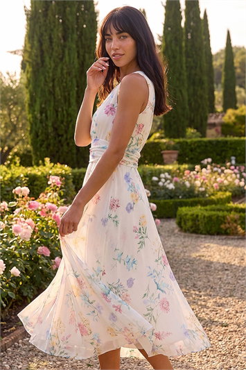 Petite Floral Gathered Waist Midi Dress 14690738