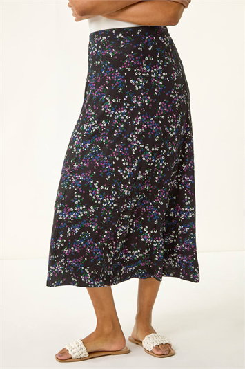 Black Ditsy Floral Stretch Elastic Waist Midi Skirt