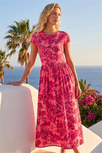Pink Floral Print Pocket Midi Dress