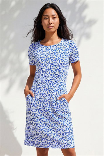 Blue Ditsy Floral Pocket Stretch Dress