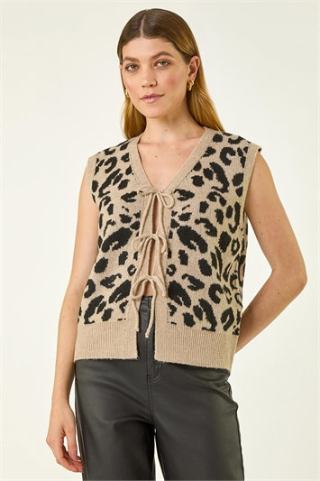 Animal Print Tie Front Knit Top 16319889