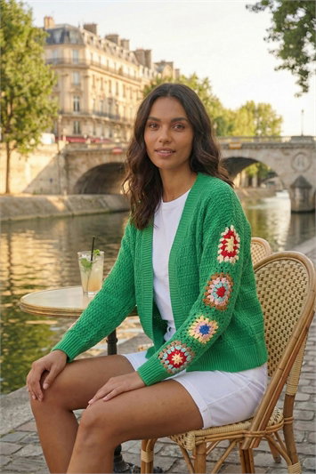 Green Crochet Sleeve Knit Cardigan