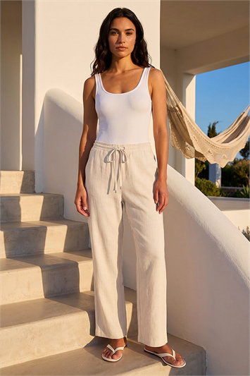 White Elastic Tie Waist Linen Blend Trouser