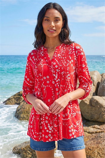 Red Ditsy Print Pintuck Stretch Shirt
