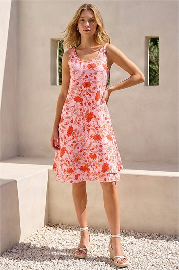 Pink Floral Print Double Layer Dress