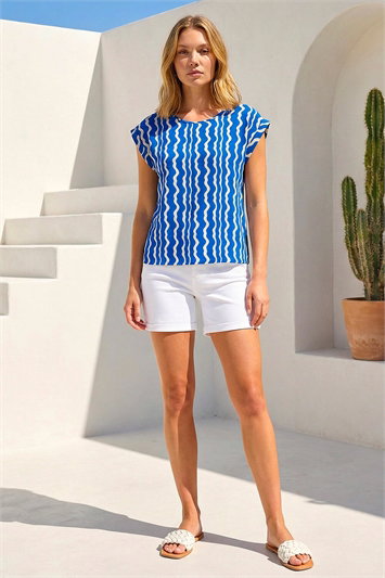 Blue Abstract Wave Print Shell Top