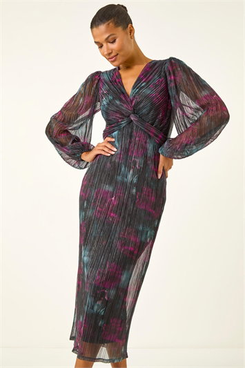 Black Printed Plisse Twist Front Midi Dress