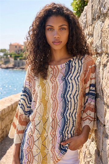 Multi Petite Stripe Pointelle Knit Top
