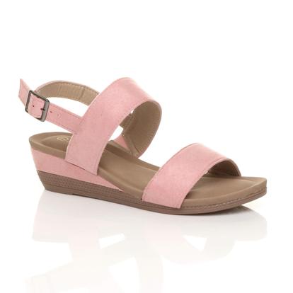 Pink Low Wedge Heel Strappy Slingback Sandals