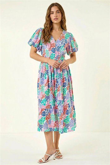 Pink Abstract Print Button Midi Dress