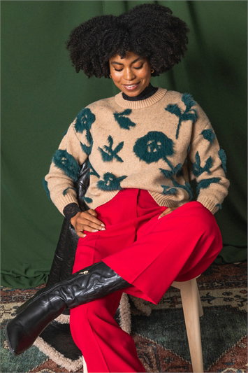 Cream Fluffy Floral Knit Jumper