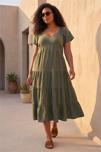 Green Curve Pebble Crepe Tiered Midi Dress