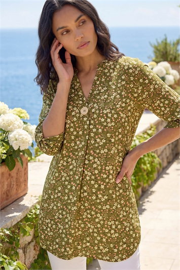 Green Ditsy Floral Print Tunic Top