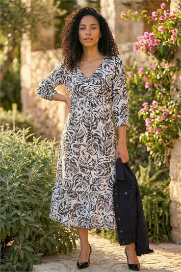 Black Embroidered Leaf Midi Dress