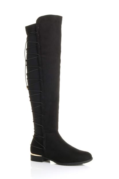 Black Elastic Tie Up Riding Knee High Boots