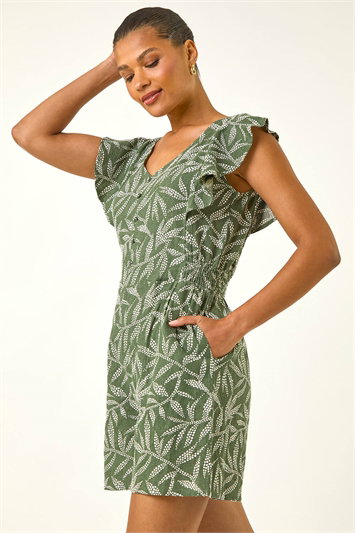 Green Leaf Print Linen Blend Playsuit