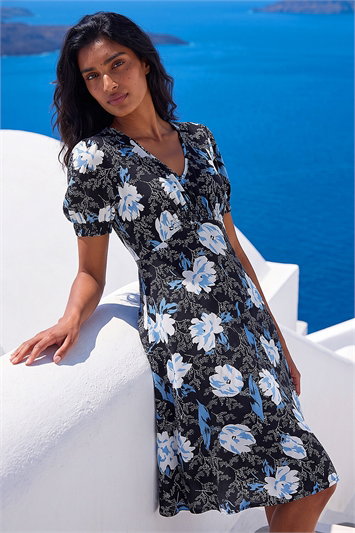 Blue Floral Print V-Neck Stretch Midi Dress