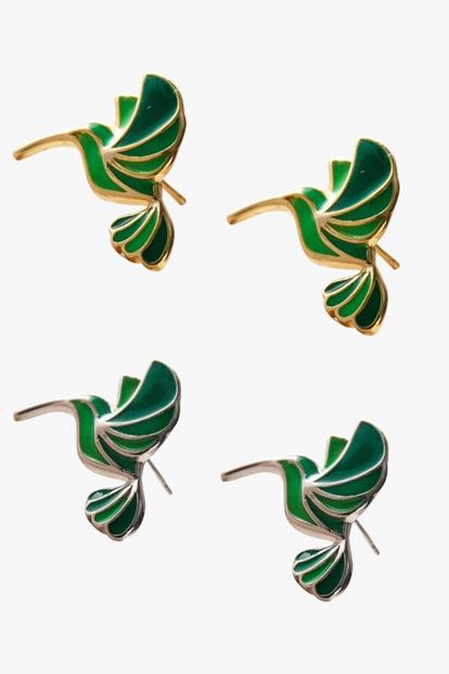 Metallic Sterling Silver Green Hummingbird Studs