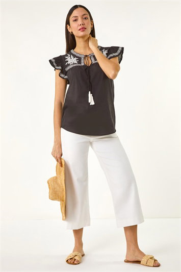 Black Embroidered Tie Front Top