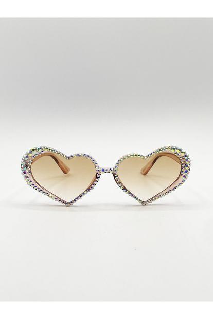 Brown Heart Sunglasses With Gem Detail In Champagne