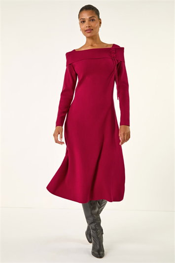 Red Floral Bardot Knit Midi Dress
