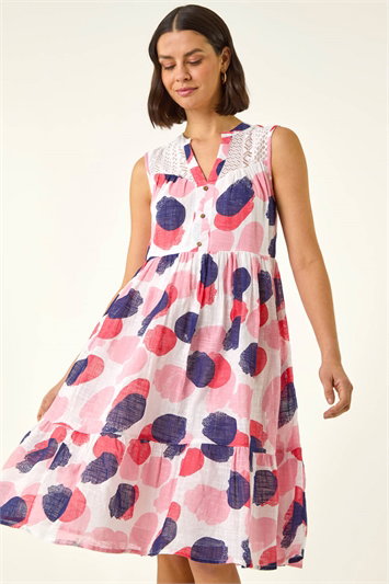 Pink Spot Trim Smock Dress