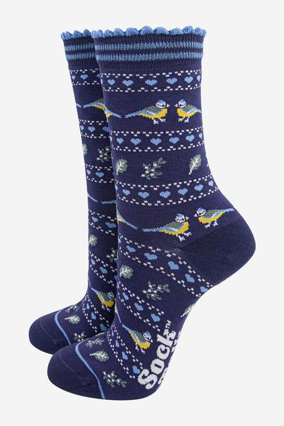 Multi Fair Isle Blue Tit Bamboo Socks - Navy