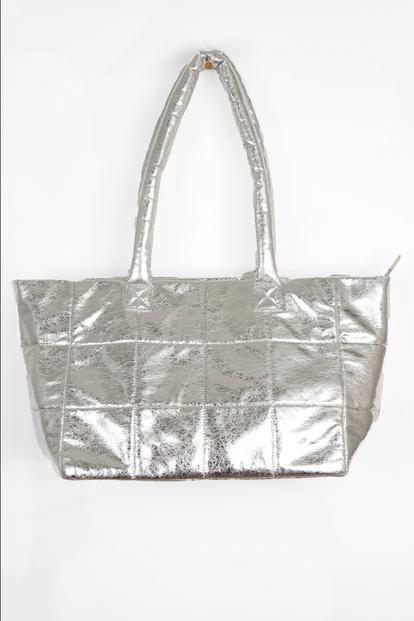 Black Quilted Metallic Faux Leather Tote Bag