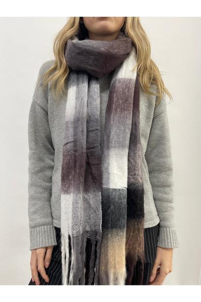 Brown Soft Chunky Checked Scarf With Tassels - Muted Browns