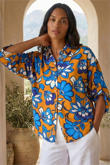 Orange Floral Button Up Blouse