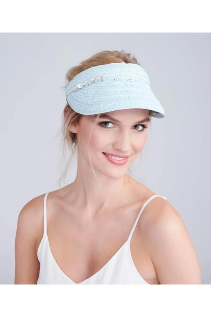 Multi Vera - Shell Beaded Straw Sun Visor - Light Turquoise