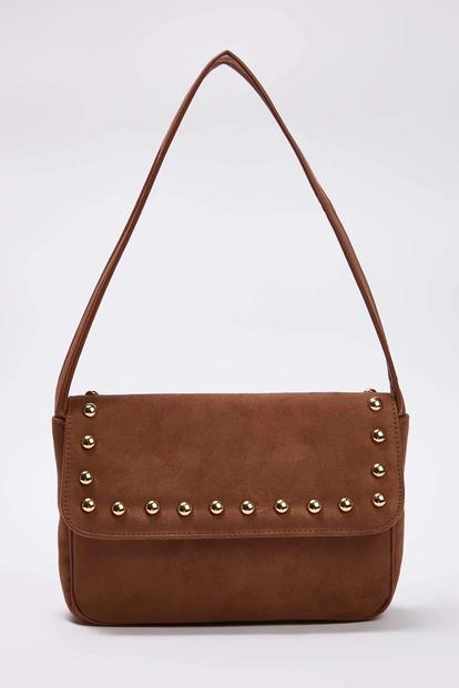 Black Women's Faux Suede Studded Flap Shoulder Bag