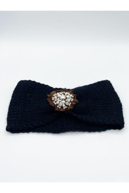 Black Knit Headband With Pearl & Gem Flower