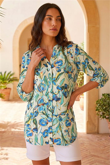 Blue Floral Longline Overshirt