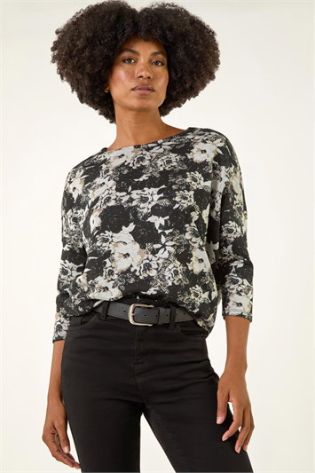 Black Floral Print Snit Jersey Top