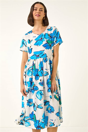 Blue Floral Smock Midi Dress