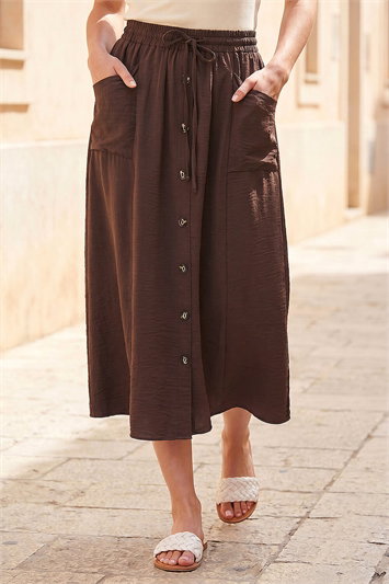 Brown Air Flow Button Front Tie Midi Skirt