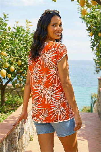 Orange Leaf Print Zip Detail Stretch Top | Roman UK