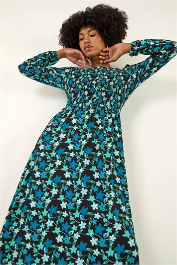 Blue Floral Print Shirred Stretch Midi Dress