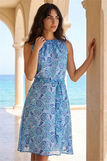 Blue Dusk Floral Shimmer Tie Waist Dress