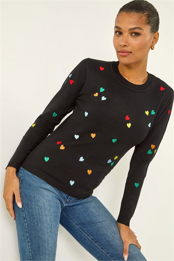 Black Heart Print Embroidered Jumper