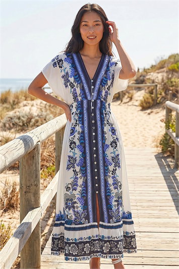 Petite Border Print V-Neck Midi Dress 14875209