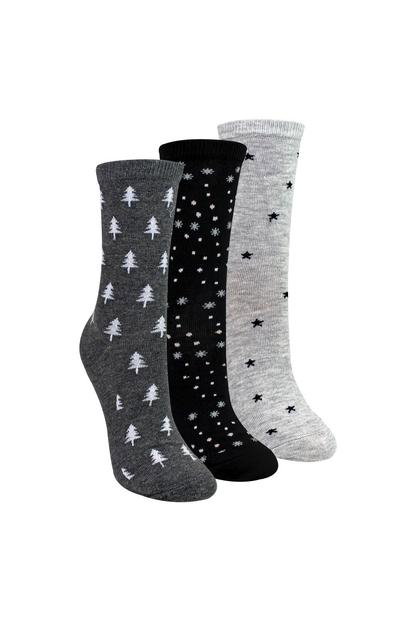 Multi 3 Pairs Ladies Stars And Trees Patterned Socks - Soft Cotton Rich Everyday Socks